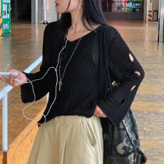 批发胖mm韩版ins风宽松镂空袖子冰丝薄款微透针织衫V领纯色防晒罩衫女