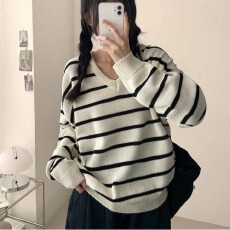 批发胖MM韩版宽松慵懒风圆领长袖毛衣日系条纹中长款针织<b class='q'>连衣裙</b>针织衫