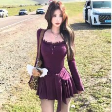 批发假两件蕾丝吊带<b class='q'>连衣裙</b>女春秋收腰裙子辣妹褶皱紧身<b class='q'>包臀</b>打底短裙子