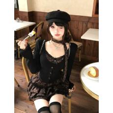 批发纯欲甜辣妹套装裙女早秋季假两件蕾丝豹纹上衣穿搭蛋糕裙子两件套