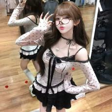 批发纯欲甜辣妹套装裙女早秋季假两件蕾丝豹纹上衣穿搭蛋糕裙子两件套