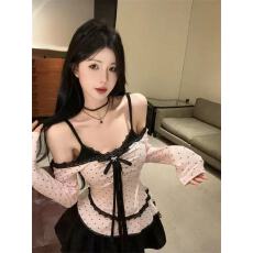 批发纯欲甜辣妹套装裙女早秋季假两件蕾丝豹纹上衣穿搭蛋糕裙子两件套