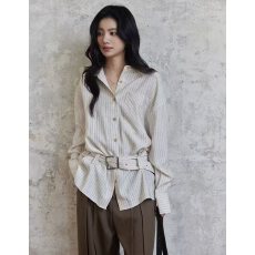 贰羊设计意冉高智感收腰条纹衬衫女设计感小众宽腰带复古上衣