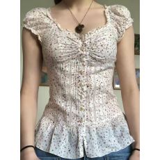 批发少女感清新复古<b class='q'>碎花</b>系带短袖<b class='q'>衬衫</b>纽扣花边上衣