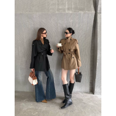 批发韩系新款百搭时尚经典廓形翻领收腰短款风衣外套女秋季小个子