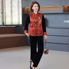 批发新中式妈妈秋装金丝绒套装2025新款中老年女装春秋马甲外套三件套