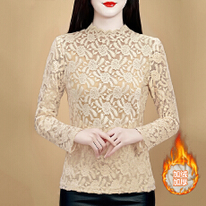 批发半高领2025新款时尚打底衫显瘦减龄洋气T恤长袖<b class='q'>蕾丝</b>衫加绒加厚