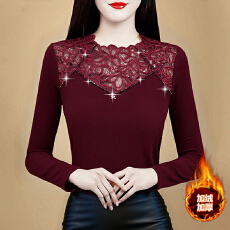 批发时尚加绒加厚蕾丝打底衫女秋冬新款显瘦内搭长袖小衫保暖洋气上衣