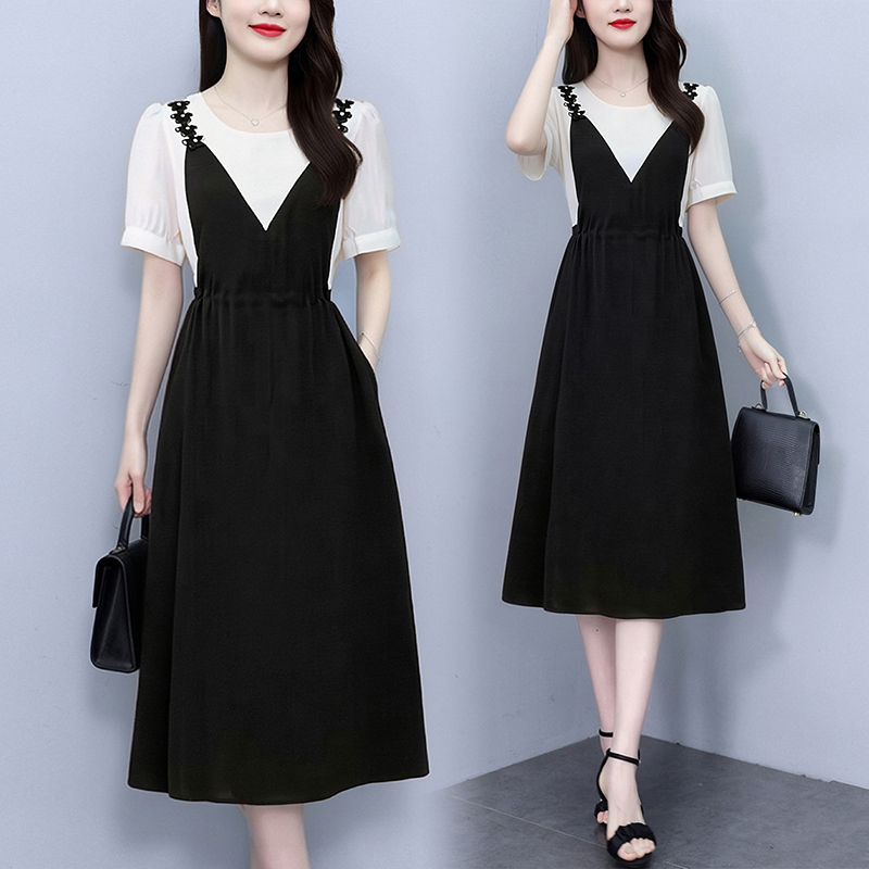 RY2205# 时尚假两件撞色拼接大码连衣裙女2026夏季新款抽绳遮肚显瘦...