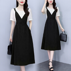 批发时尚假两件撞色拼接大码<b class='q'>连衣裙</b>女2026夏季新款抽绳遮肚显瘦A字裙