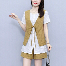 批发时尚休闲老钱风<b class='q'>套装</b>2026夏季女士薄款短袖宽松显瘦透气短裤两件套