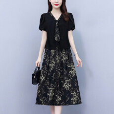 批发广州十三行高档套装竹子碎花连衣裙女新款夏季修身显瘦洋气中长裙
