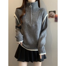 批发时尚拉链半高领套头毛衣女秋冬大码<b class='q'>胖妹妹</b>韩版气质显瘦宽松针织衫