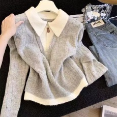 批发美拉德<b class='q'>甜美</b>风翻领半拉链假两件毛衣女冬季新款翻领针织衫上衣