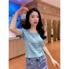 批发法式方领针织短袖<b class='q'>t</b><b class='q'>恤</b>女夏新款时尚百搭洋气减龄上衣女小个子