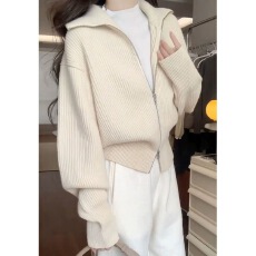 批发慵懒风双拉链翻领<b class='q'>针织</b><b class='q'>开衫</b>女秋冬加厚高级感软糯毛衣外套<b class='q'>短款</b>上衣