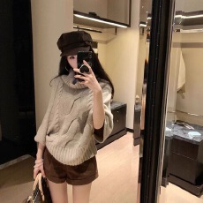 批发麻花针织斗篷氛围毛衣多种穿法新款复古宽松高领针织衫<b class='q'>中袖</b>上衣