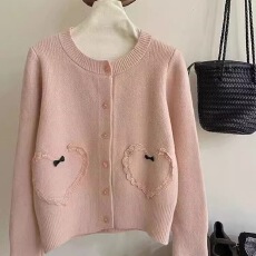 批发甜美小香风<b class='q'>蕾丝</b>爱心蝴蝶结针织开衫女春秋新款小个子毛衣减龄外套