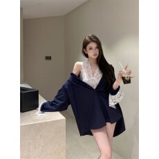 批发藏青色气质polo领长袖衬衫宽松中长款防晒外套<b class='q'>上衣</b>女