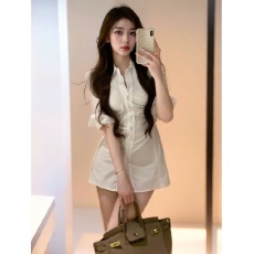 批发纯欲韩系御姐设计感修身褶皱翻领性感衬衫裙女小众辣妹收腰<b class='q'>连衣裙</b>