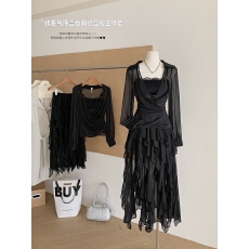 批发FuunJ 贵女黛芙妮荡领<b class='q'>雪纺衫</b>套装女蕾丝吊带设计感<b class='q'>不规则</b>半身裙夏