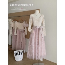 批发Catyears猫年 粉荔漫舞~复古法式蕾丝蓬松蛋糕裙摆连衣裙（加绒）