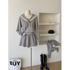 批发迟伞伞 雪松物语 海军领钩花边镂空针织上衣百褶针织短裙套装女