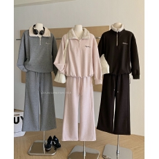 批发艾薇新款2025<b class='q'>冬</b>季韩系毛领半拉链加绒保暖卫衣+松紧腰阔腿裤套装