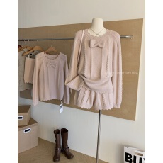 批发迟伞伞25/fw 甜杏杏子 定染纱线杏粉蝴蝶结针织上衣短裤温柔套装