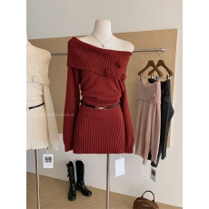 批发圣诞穿搭红色一<b class='q'>字</b>肩<b class='q'>连衣裙</b>秋冬季收腰显瘦纯欲辣妹针织包臀裙短裙