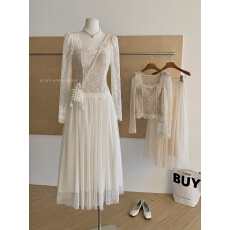 批发纯欲蕾丝打底衫修身洋气长袖短款性感方领上衣网纱半裙