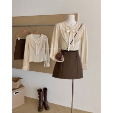 批发迟伞伞25/fw 酒心太妃糖 杏粉纯棉<b class='q'>蝴蝶结</b><b class='q'>衬衫</b>咖色拼接半裙套装女