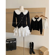 批发韩系千金感套装女波点娃娃领针织收腰开衫上衣<b class='q'>蓬蓬</b>蛋糕短裙两件套