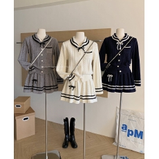 批发韩系学院风针织套装女减龄显瘦翻领毛衣＋高腰显瘦百褶短裙两件套