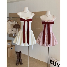 批发【霉果慕斯】法式新款纯欲风<b class='q'>蝴蝶结</b>收腰显瘦波点女款<b class='q'>连衣裙</b>