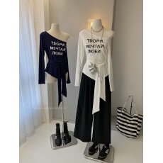 批发韩版露肩斜领绑带字母印花T恤+高腰宽松阔腿<b class='q'>裤</b>