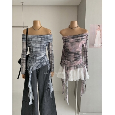 批发韩系蝴蝶扎染一字肩<b class='q'>网纱</b>T恤夏季荷叶边不规则收腰露肩防晒罩衫女