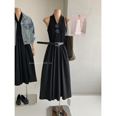 批发法式老钱风气质V领无袖连衣裙女春夏宽松显瘦A字<b class='q'>背心</b><b class='q'>长裙</b>子配腰带