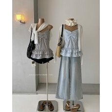 纯欲格子吊带开衫两件套女2026夏新款法式甜美风修身显瘦叠穿上衣