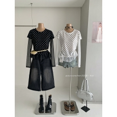 批发韩版气质温柔风圆领波点<b class='q'>网纱</b>拼接荷叶边设计感显瘦百搭洋气T恤女