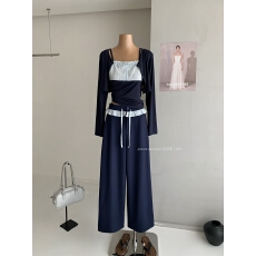 批发谢不肉 格纹拼接吊带背心莱赛尔短款开衫女春阔腿<b class='q'>宽松</b>长裤套装