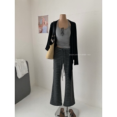 批发慵懒休闲套<b class='q'>装</b>女春夏<b class='q'>中长款</b>薄款开衫背心吊带条纹微喇长<b class='q'>裤</b>三件套