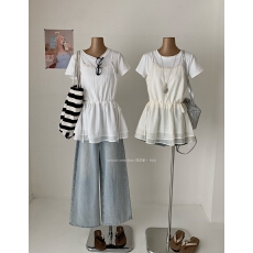 批发赵露思bm风白色百搭短袖T恤+<b class='q'>蕾丝</b>拼接侧边抽绳系带吊带裙两件套女