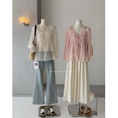 批发周耶耶 早春季新款<b class='q'>长袖</b><b class='q'>雪纺</b><b class='q'>衫</b>小衫女2026新款抽褶系带上衣纯欲风