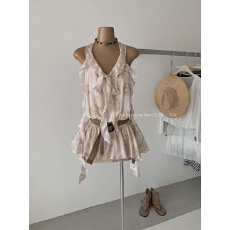 批发法式碎花挂脖吊带背心2026夏季新款荷叶边飘带修身<b class='q'>无袖</b>上衣配腰带