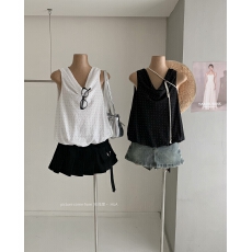 批发法式高级感米色波点背心上衣花苞下摆设计<b class='q'>宽松</b>堆堆领无袖衬衫女