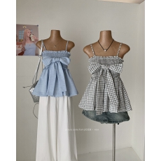 批发morning bloom<b class='q'>宽松</b>蝴蝶结设计格纹花苞短袖女露肩无袖吊带裙上衣