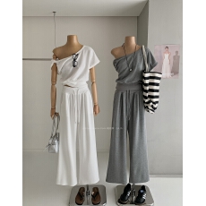 批发Tongiiuu 私服日常 斜领露肩短袖T恤女宽松直筒休闲阔腿裤套装<b class='q'>夏</b>