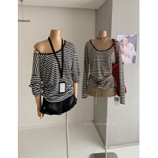 批发韩系慵懒风条纹圆领防晒长袖T恤女薄款oversize宽松显瘦罩衫上衣