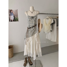 批发法式度假风时尚蕾丝花边拼接格子背心上衣夏季荷叶边显瘦半身裙女